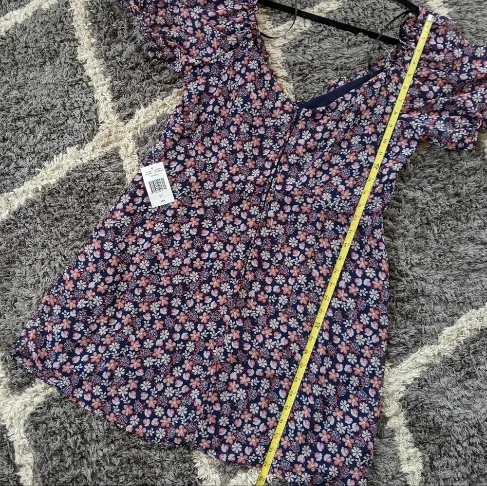 B. Smart Navy and Blush Off the Shoulder Fit and Flare Floral Print Mini Dress